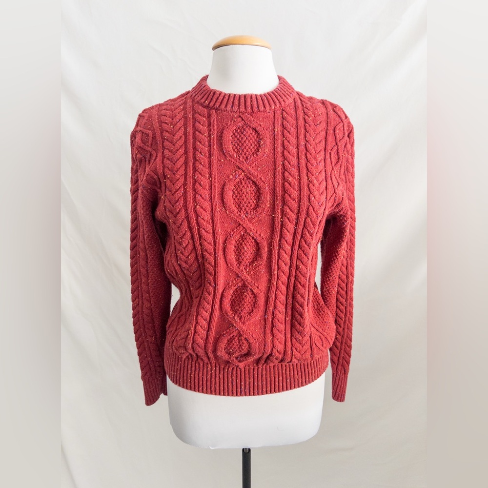 L.L. Bean Red Cable Knit Sweater Chunky Flecked Crewneck Small